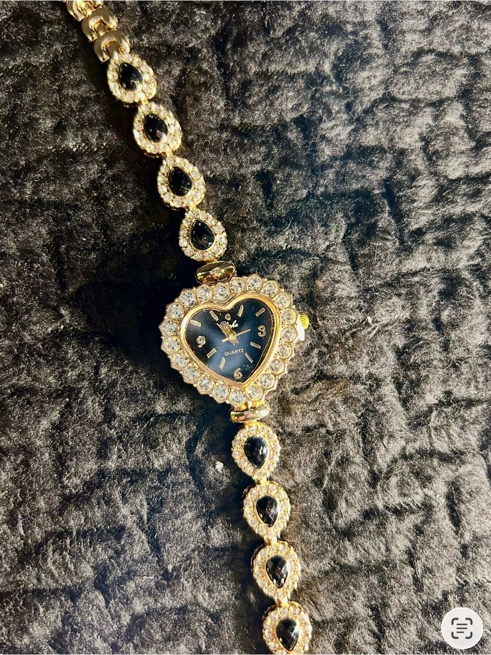 Heart Watch with Black Dial and Crystal Accents with matching earrings